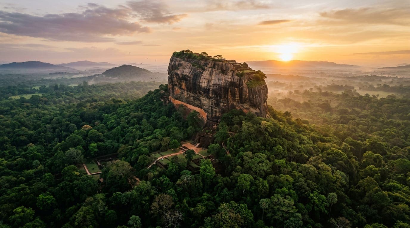 Sigiriya rock rising above Sri Lanka's tropical forest at sunrise